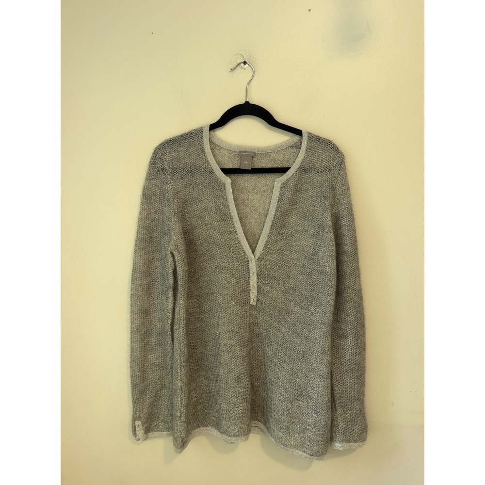 Ann Taylor Silver Metallic Open Knit Split Neck Sweater Crystal Buttons Large